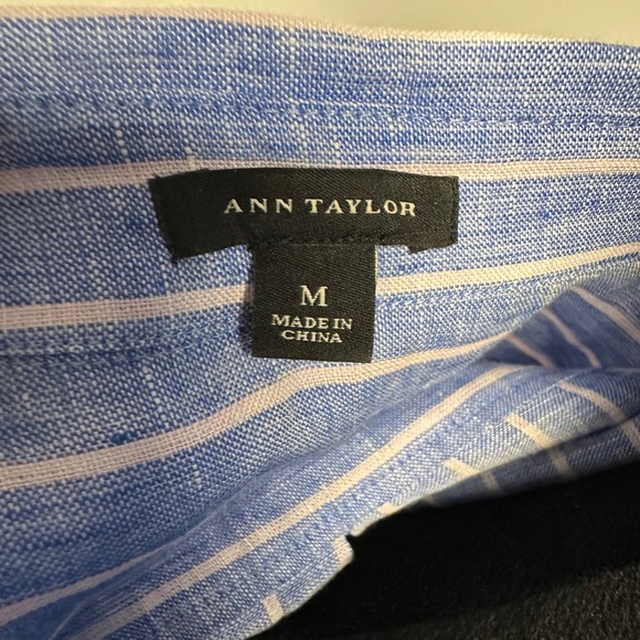 Ann Taylor Linen Striped Shirt Dress Medium Blue White Belted Coastal Preppy - Picture 11 of 11